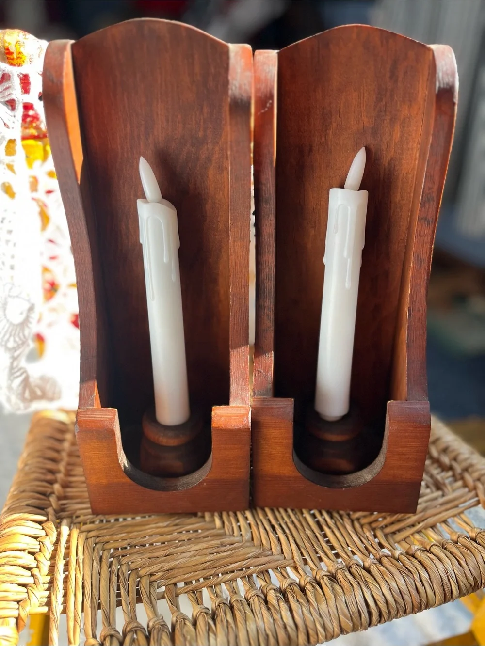 Set Colonial/Country:Farmhouse Wood Candle Wall or Mantel Sconces in Walnut